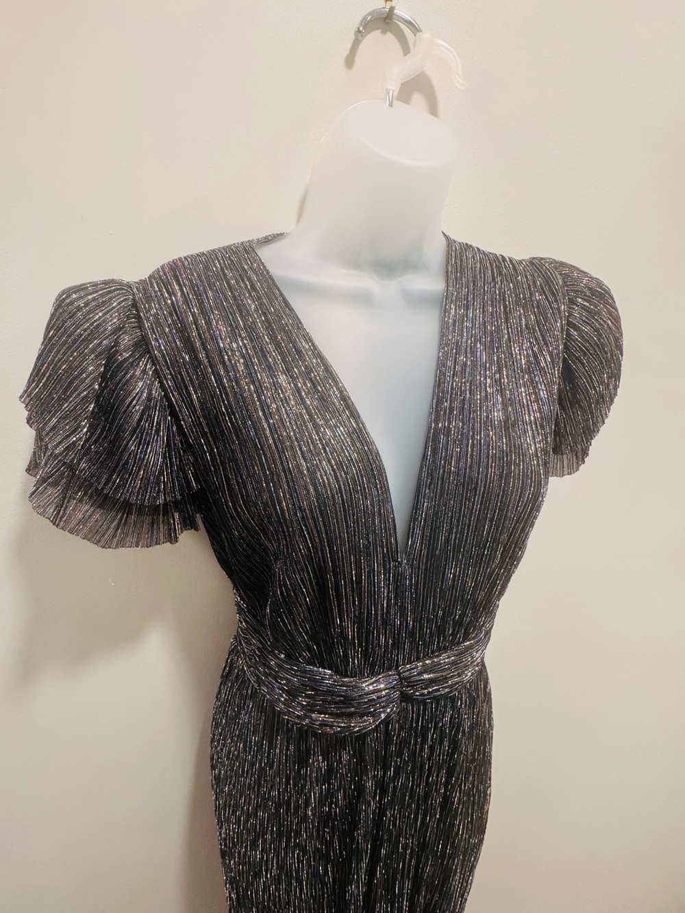 Sabina Musayev Metallic  Pleated V-Neck Evening Dress